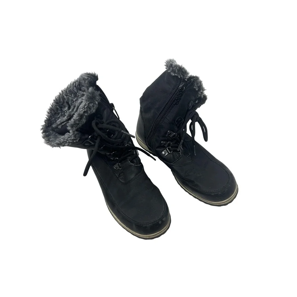 Totes Snow Boots Womens Size 7 Black Faux Fur Lined Mid Calf Zip Lace Winter